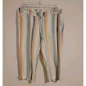 Per Se Linen Viscose Stripe Womens Pants Size Medium M Beachy Pull On Comfy